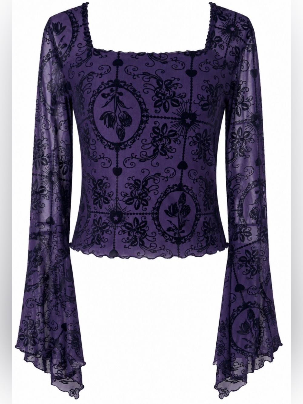 Purple Floral Burnout Mesh Long Bell Sleeve Crop Top Whimsigoth Grunge Blouse M